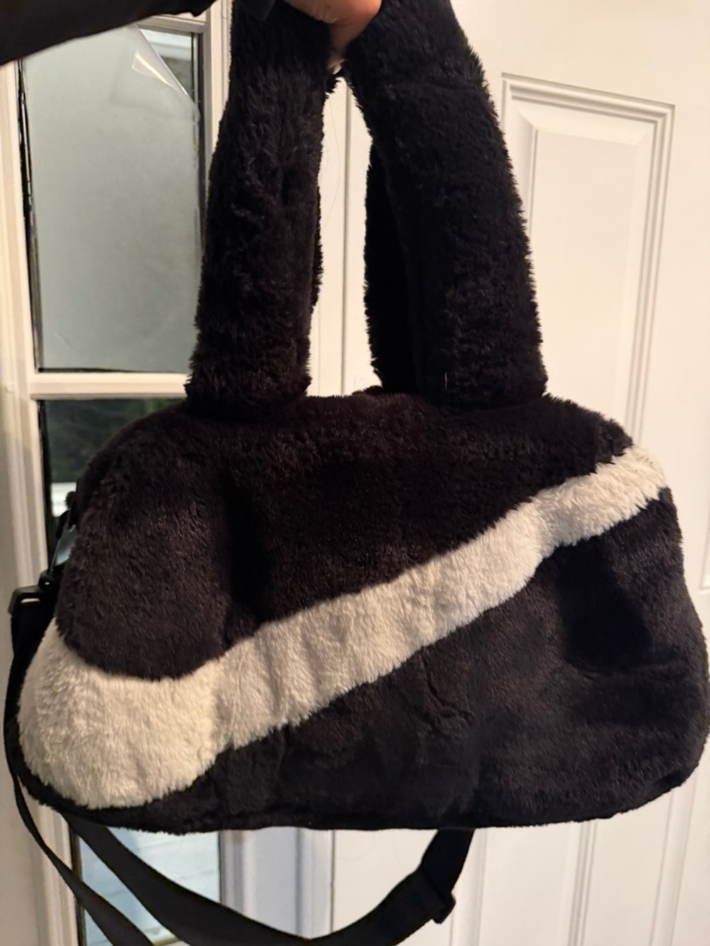 Nike Black Faux Fur Laptop Shoulder Bag with White Swoosh Accent